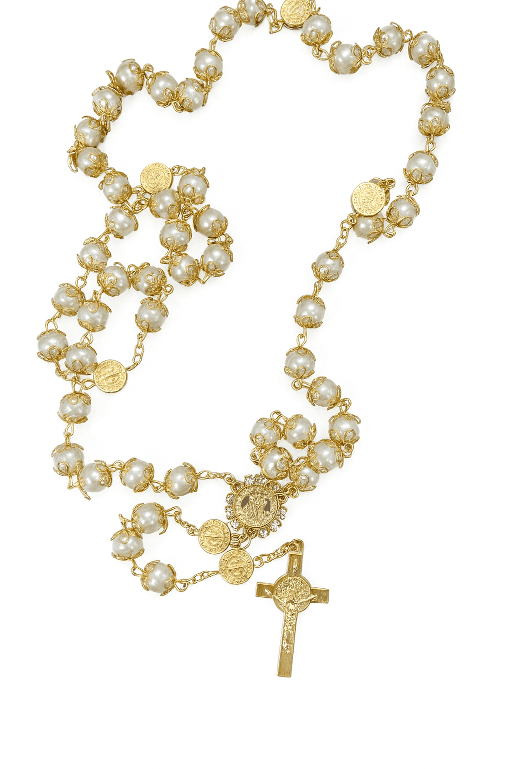 Elegant Pearl and Gold Rosary Necklace